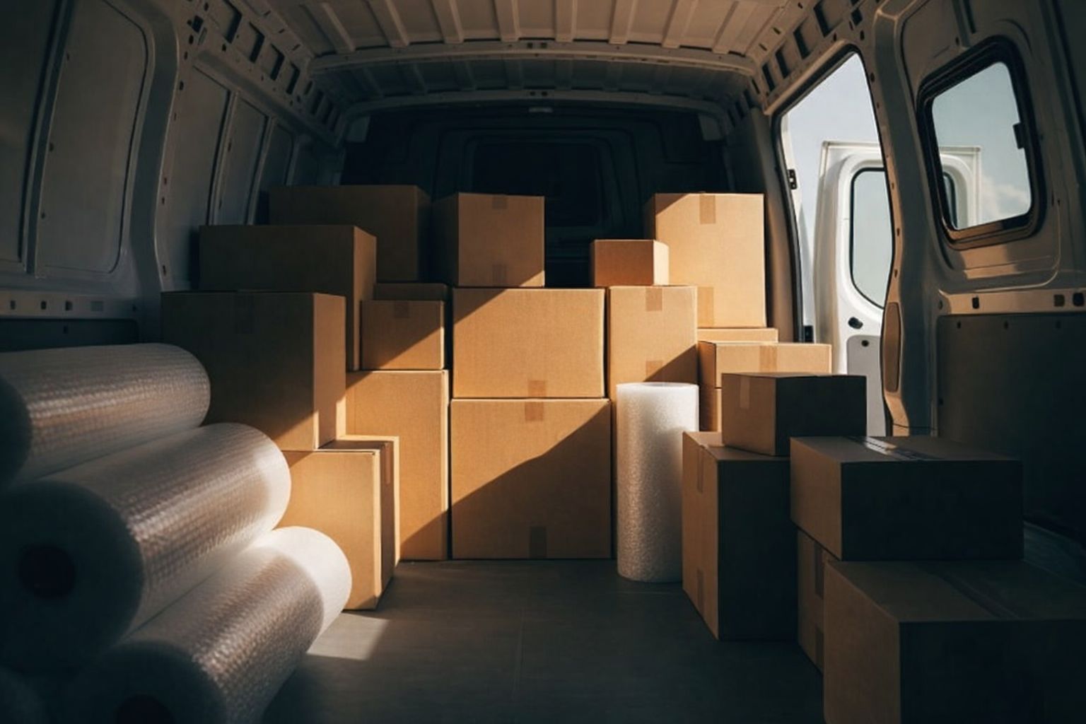 De binnenkant van een busje vol met dozen en noppenfolie, georganiseerd voor transport.